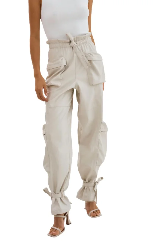 Braxton Faux Leather Cargo Pants In Bone