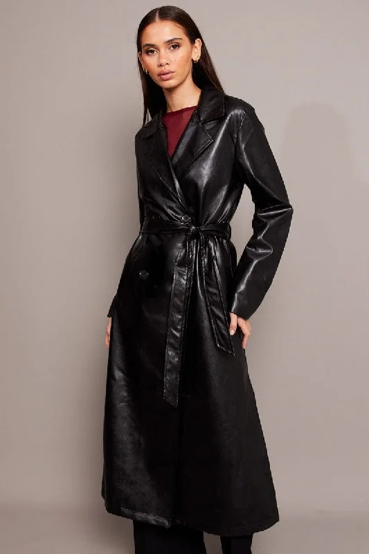 Black Trench Coat Long Sleeves Faux Leather